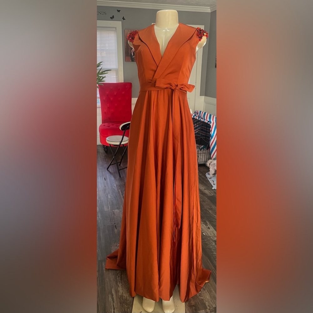 Burnt Orange V-neck Beaded Shoulder Sleeveless Gown